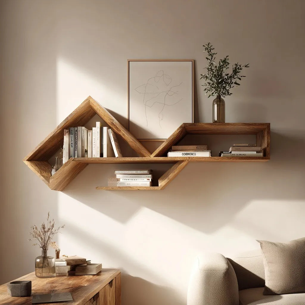 Asymmetrical Wooden Floating Wall Shelf With Multi Level Display