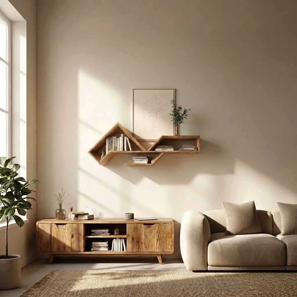 Asymmetrical Wooden Floating Wall Shelf With Multi Level Display
