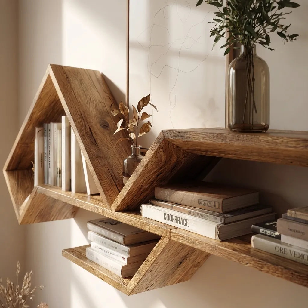 Asymmetrical Wooden Floating Wall Shelf With Multi Level Display