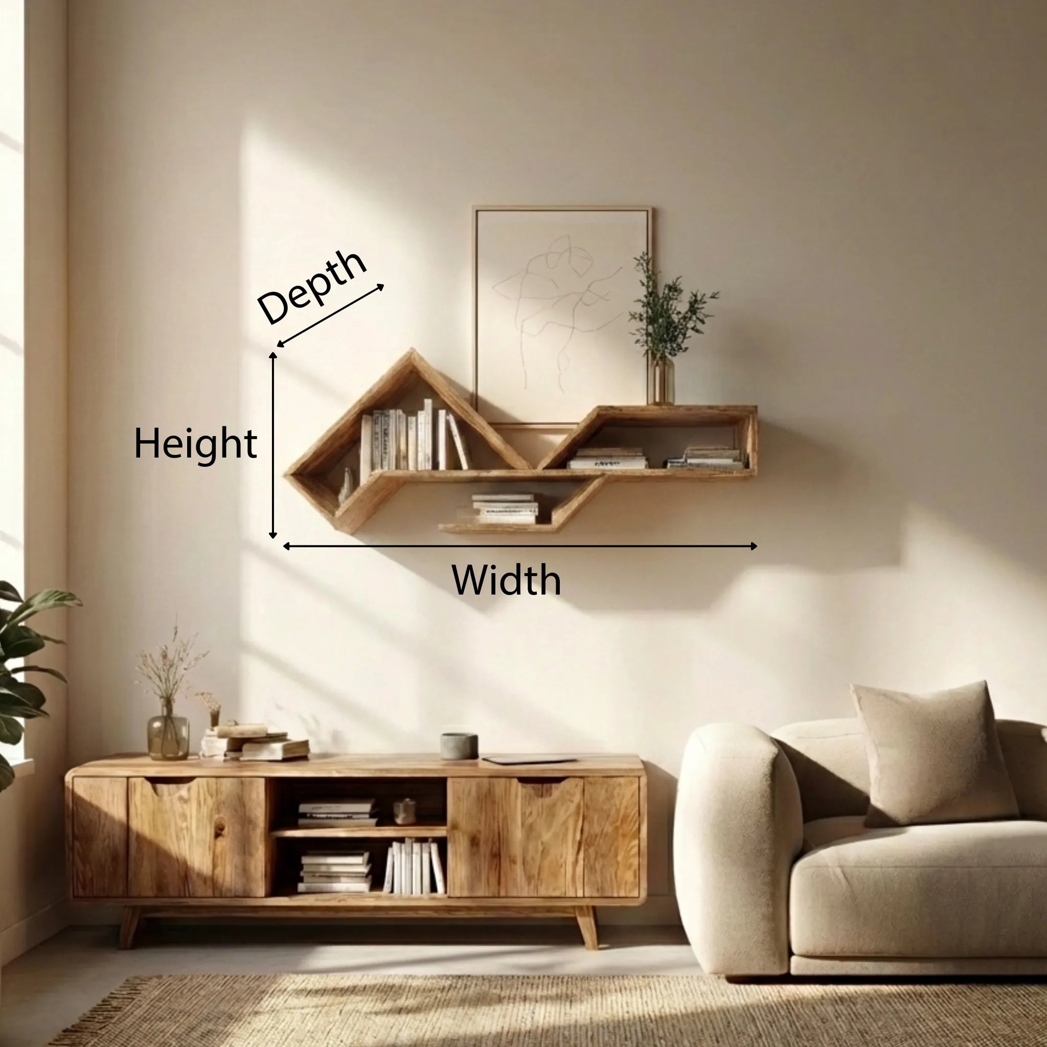 Asymmetrical Wooden Floating Wall Shelf With Multi Level Display
